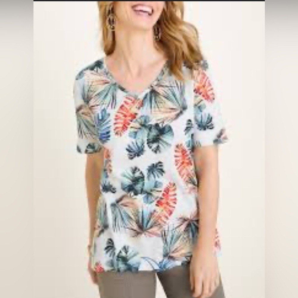 Chico's Cotton Modal Palm Print Short Sleeve Tropical Print T Shirt US 4/6 NEW